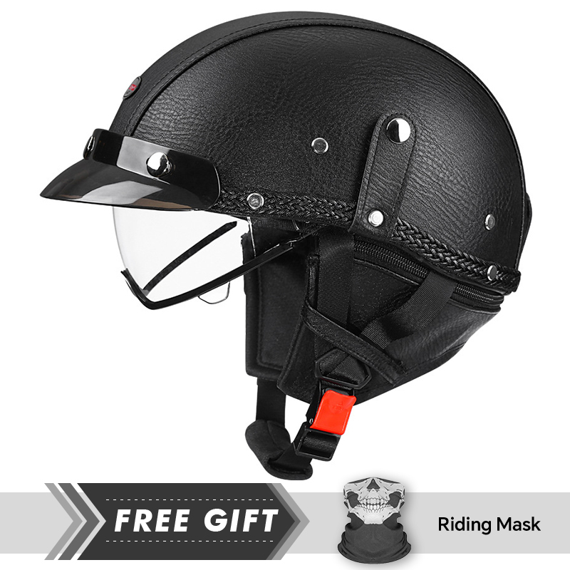 Motorcycle Gear Store - 남성용 레트로 오토바이 하프 헬멧 블랙